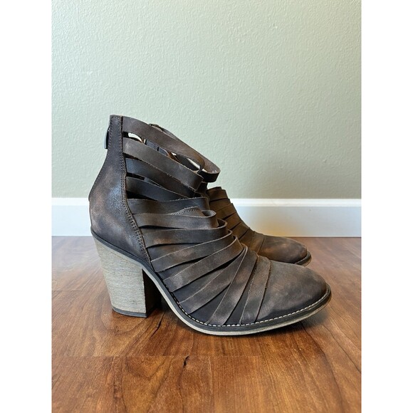 Free People Womens 38 Burgundy Leather Hybrid Strappy Block Heel Ankle Bootie - Picture 1 of 8